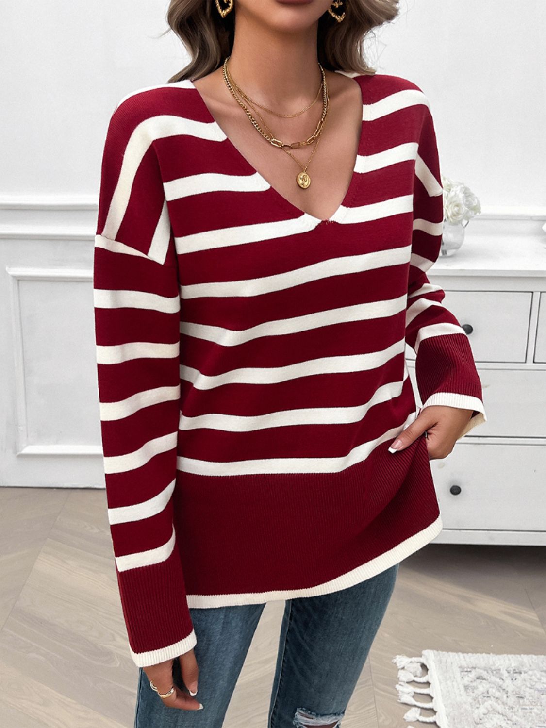 Devine Striped V-Neck Long Sleeve Knit Top Trandify Deal