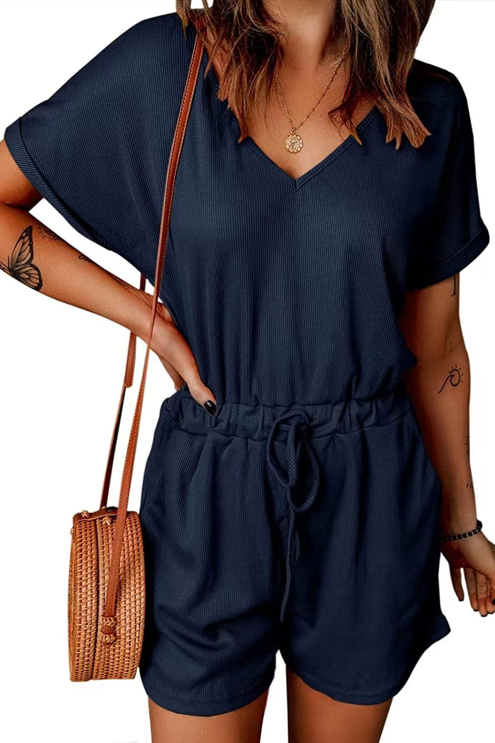 Full Size Drawstring V-Neck Short Sleeve Romper Trandify deal