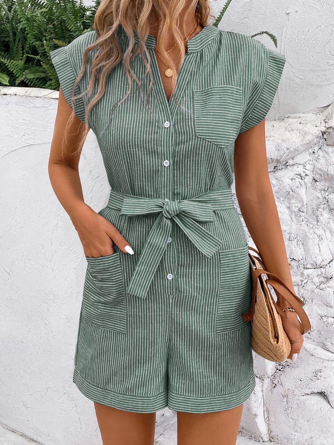 Striped Notched Tie Waist Romper Trandify deal