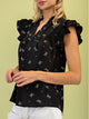 Notched Ruffled Blouse in Black - Women's Cap Sleeve Top