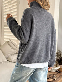 Women's Cable Knit Zip Neck Sweater in Gray worn with boots