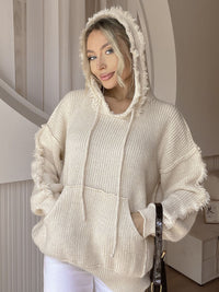 Drawstring Fringe Hem Long Sleeve Hooded Sweater Trandify Deal