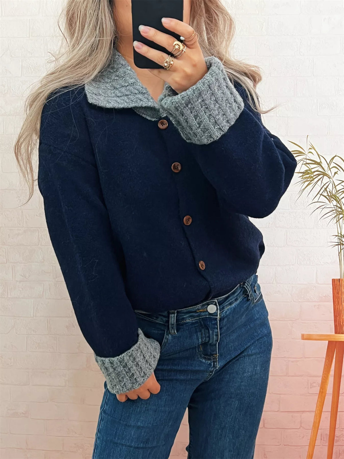 Women's Striped Knit Cardigan - V-Neck Button Down