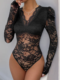 Perfee Lace V-Neck Long Sleeve Bodysuit Trandify Deal