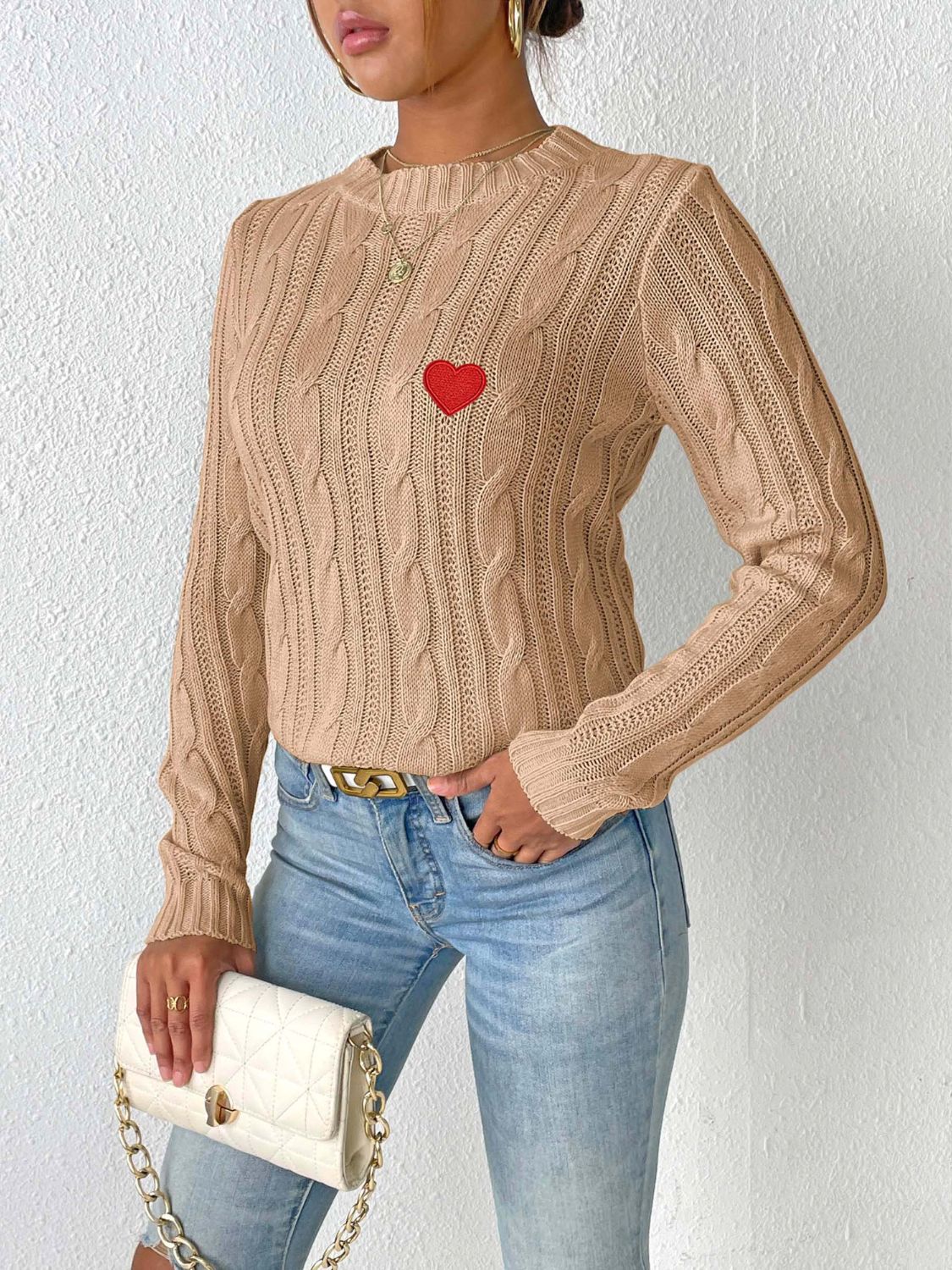 Cable-Knit Heart Round Neck Long Sleeve Sweater Trandify Deal