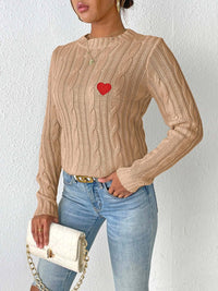 Cable-Knit Heart Round Neck Long Sleeve Sweater Trandify Deal