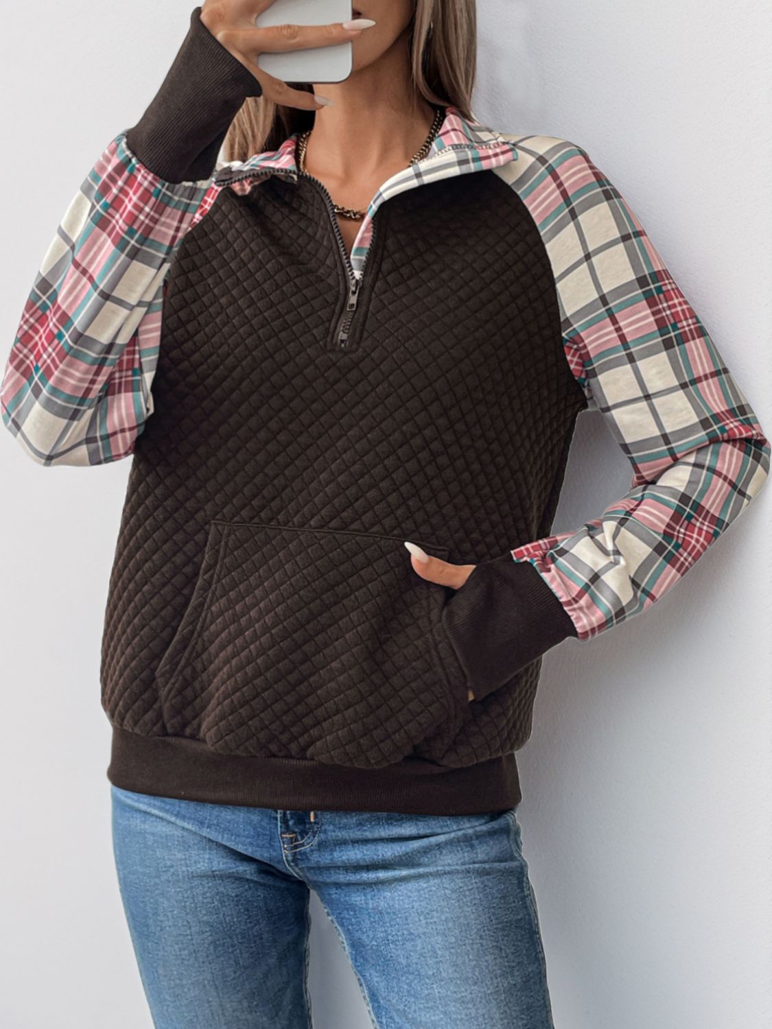 Perfee Plaid Half Zip Long Sleeve Sweatshirt Trandify Deal