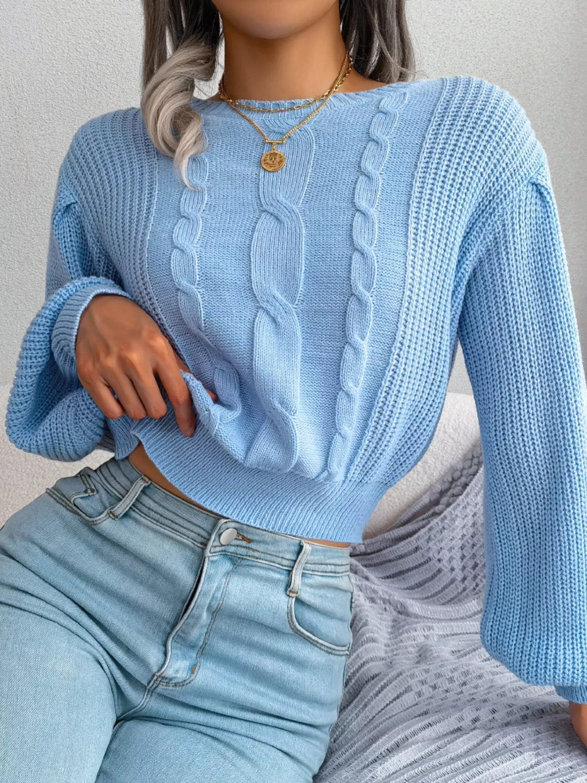Women's Cropped Cable Knit Sweater | Crewneck Top