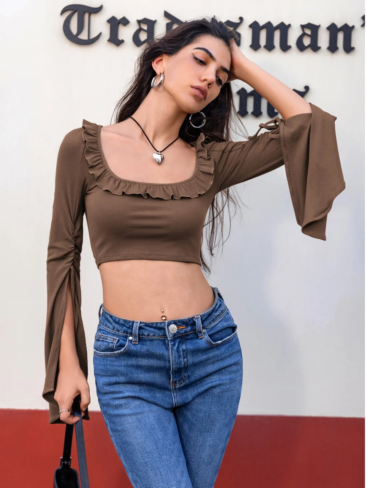 Elegant Women’s Ruffled Square Neck Long Sleeve Blouse for Casual & Office Outfits