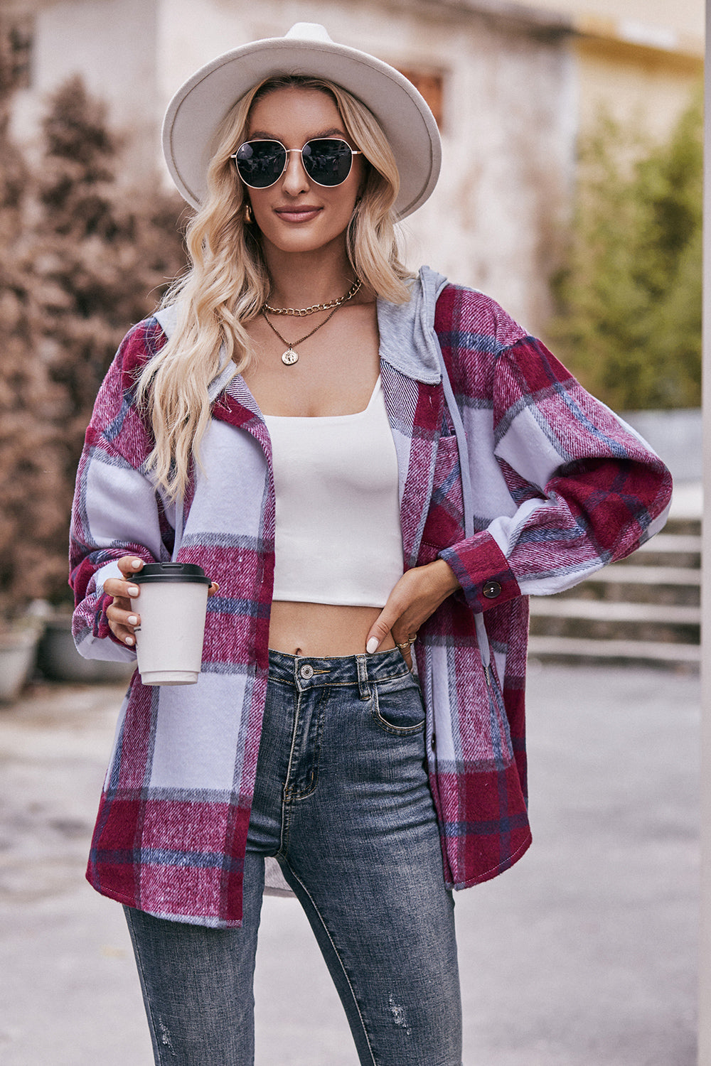 Mandy Plaid Dropped Shoulder Hooded Jacket Trandify Deal
