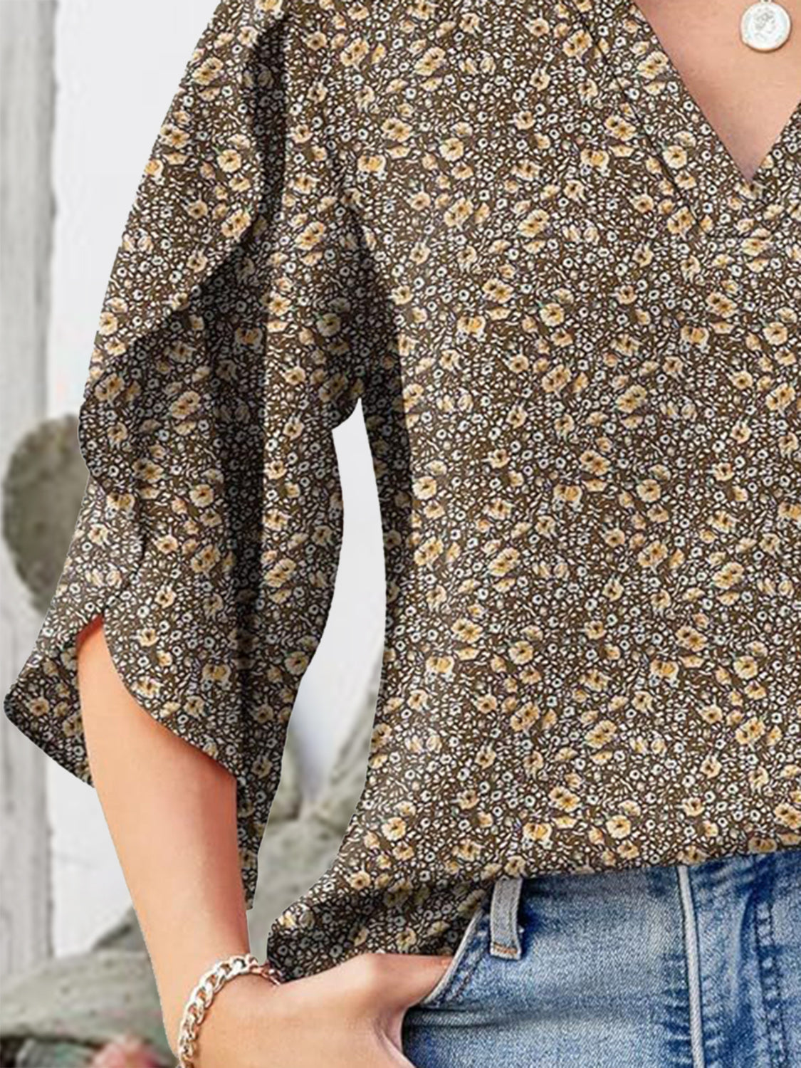 Printed Notched Half Sleeve Blouse Trandify Deal