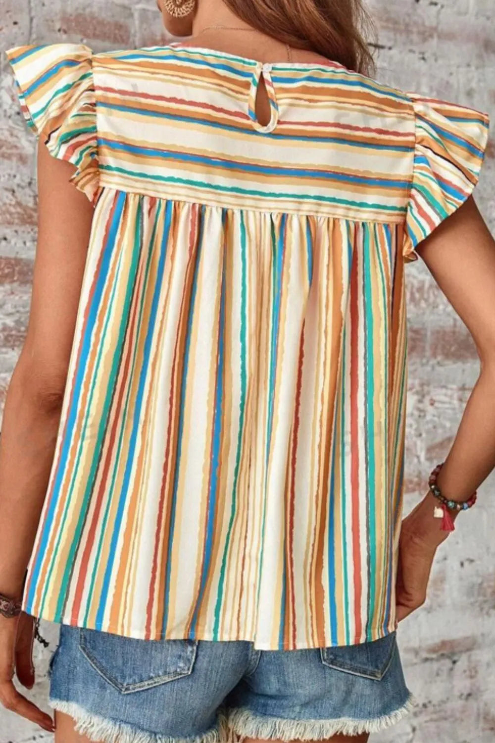 Women's Colorful Striped Cap Sleeve Blouse – Trendy Summer Top for Casual & Office Outfits