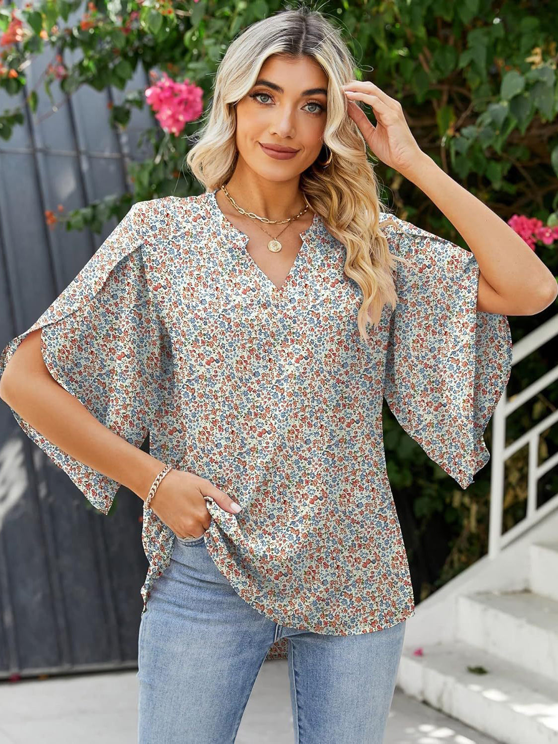 Printed Notched Half Sleeve Blouse Trandify Deal