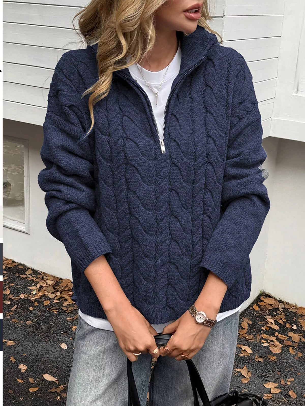 Women's Cable Knit Zip Neck Sweater in Navy worn with boots