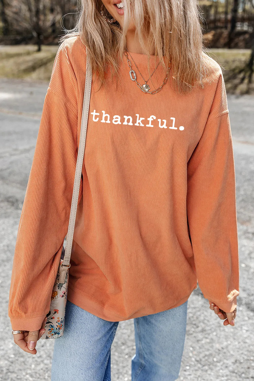 THANKFUL Round Neck Long Sleeve Sweatshirt Trandify Deal