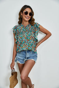 Ruffled Ditsy Floral Mock Neck Cap Sleeve Blouse Trandify deal