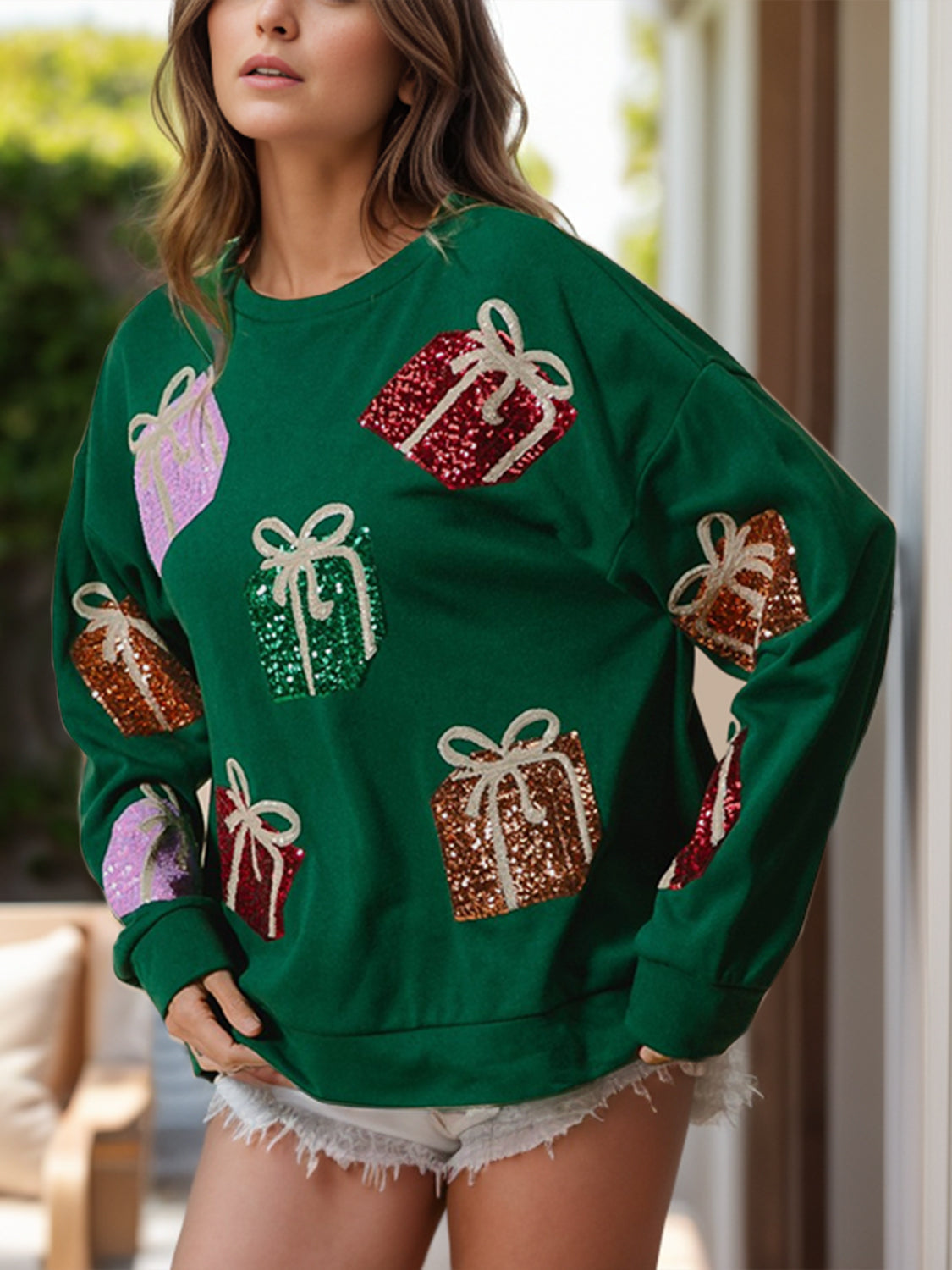 Sequin Gift Box Long Sleeve Sweatshirt Trandify Deal