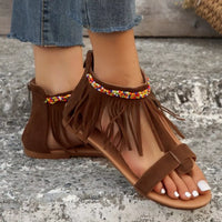 Boho fringe ankle strap sandals for women flat casual beach shoes