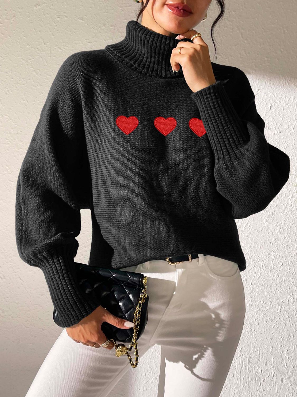 Heart Turtleneck Long Sleeve Sweater Trandify Deal