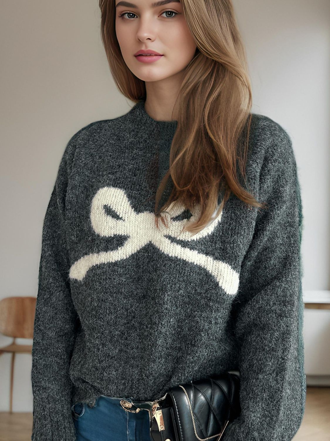 Bow Round Neck Long Sleeve Sweater Trandify Deal