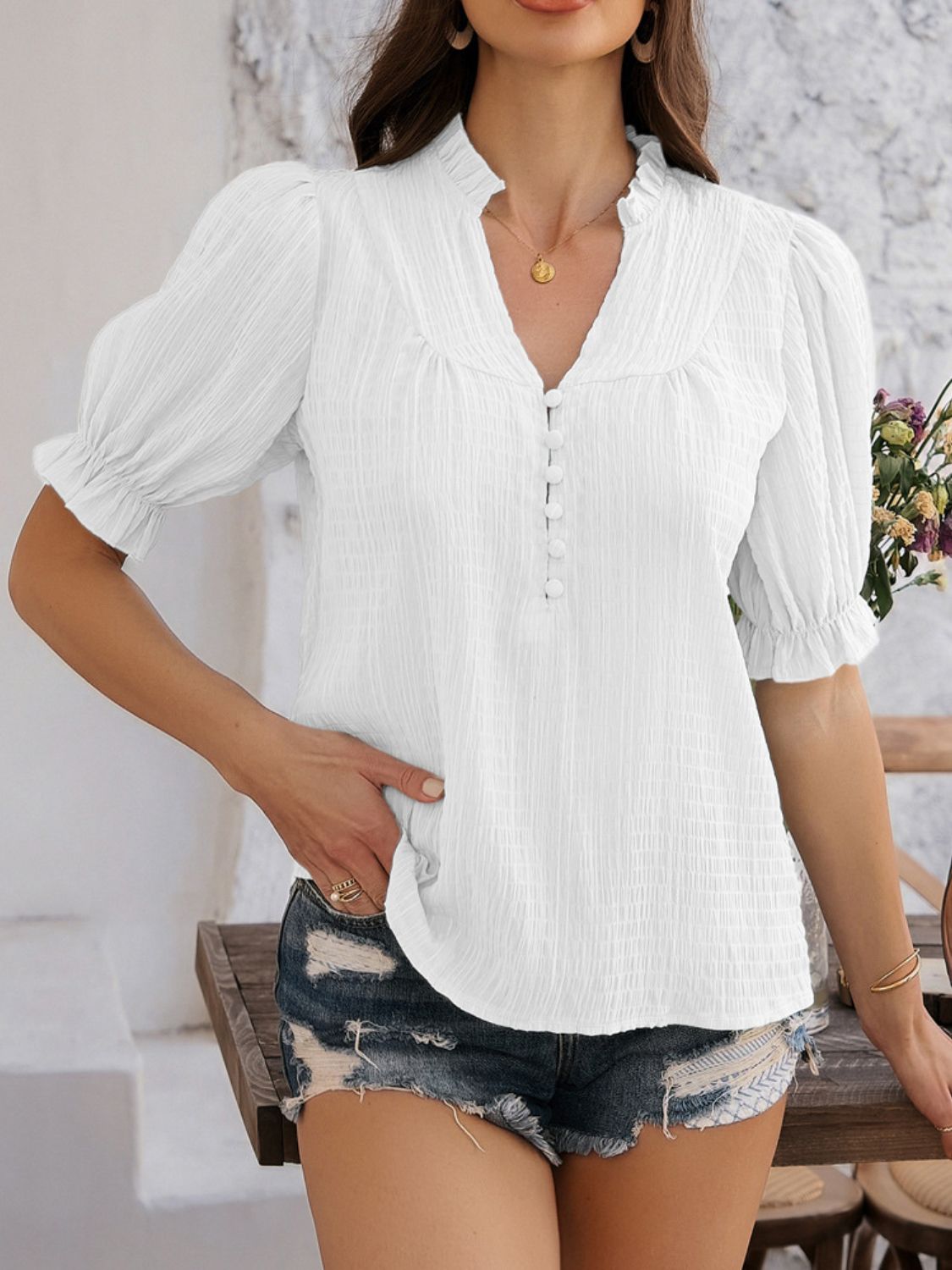 Women’s Devine Frill Notched Short Sleeve Blouse – Ruffled V-Neck Top for Casual & Office Wear
