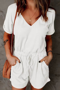 Full Size Drawstring V-Neck Short Sleeve Romper Trandify deal