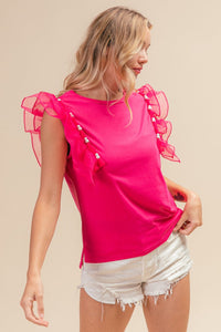 BiBi Pearl Decor Mesh Ruffle Sleeve Top Trandify deal