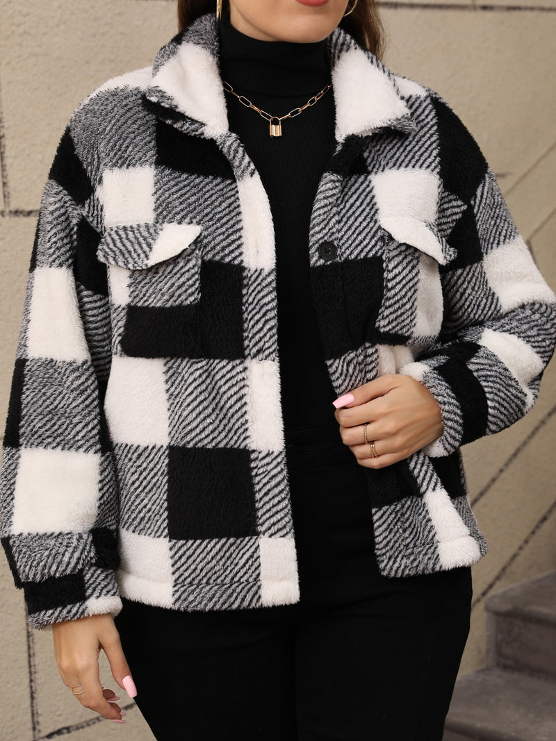 Plus Size Pocketed Plaid Collared Neck Jacket - Stylish and Functional Office-to-Evening Outerwear for Women | TrandifyDeal