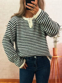 Women's Striped Button Sweater - Long Sleeve Knit Top