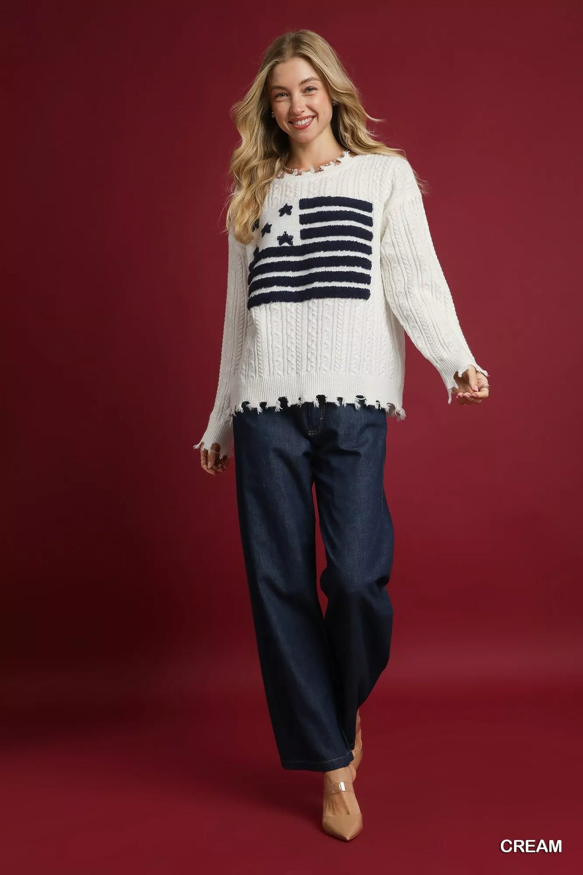 Umgee Distressed American Flag Sweater - Patriotic Top