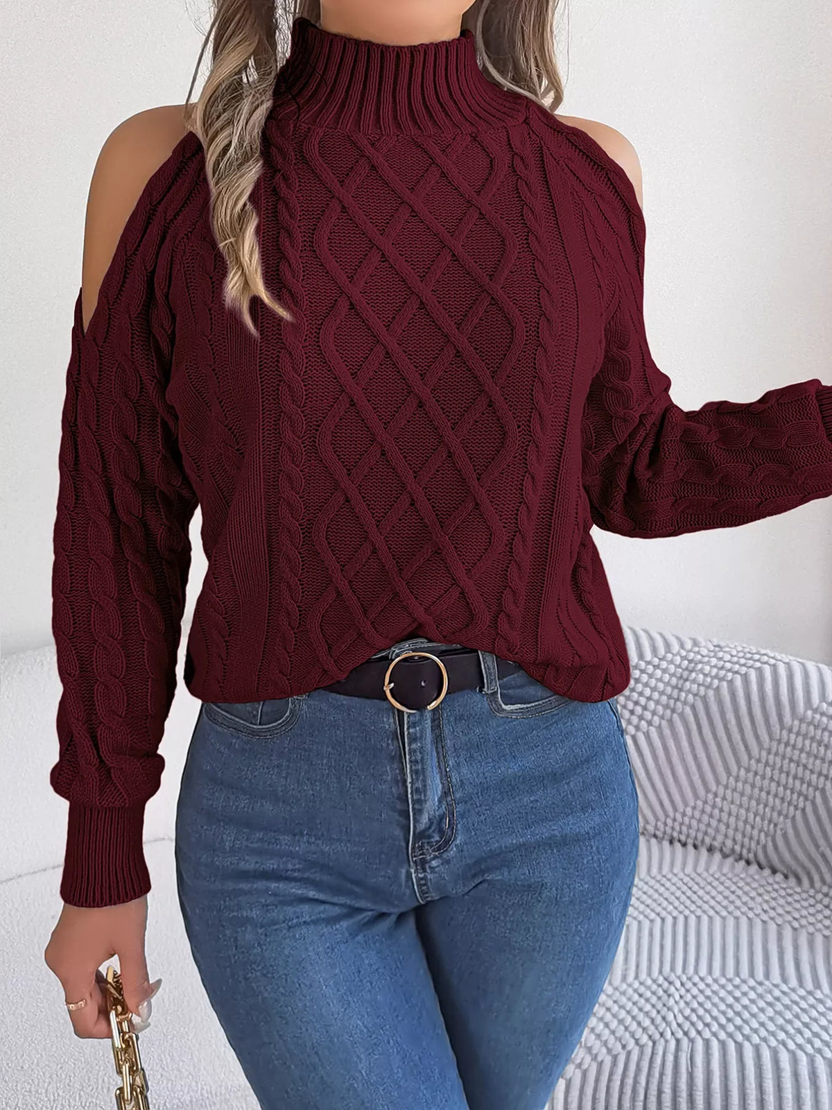 Women's Cold Shoulder Sweater | Cable Knit Turtleneck