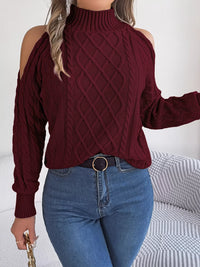 Women's Cold Shoulder Sweater | Cable Knit Turtleneck