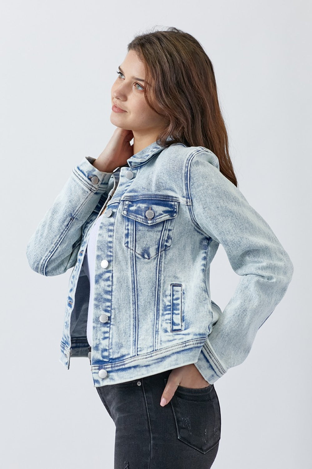 RISEN Button Up Washed Denim Jacket Trandify deal