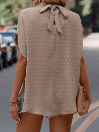 Swiss Dot Mock Neck Half Sleeve Blouse Trandify deal