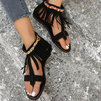 women's PU leather fringe sandals with ankle strap