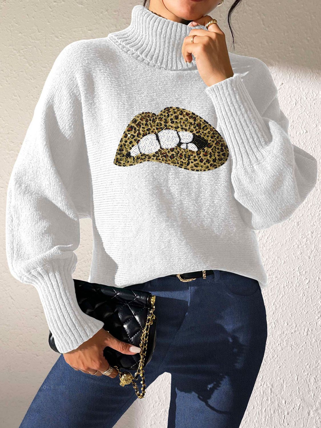 Lip Turtleneck Long Sleeve Sweater Trandify Deal