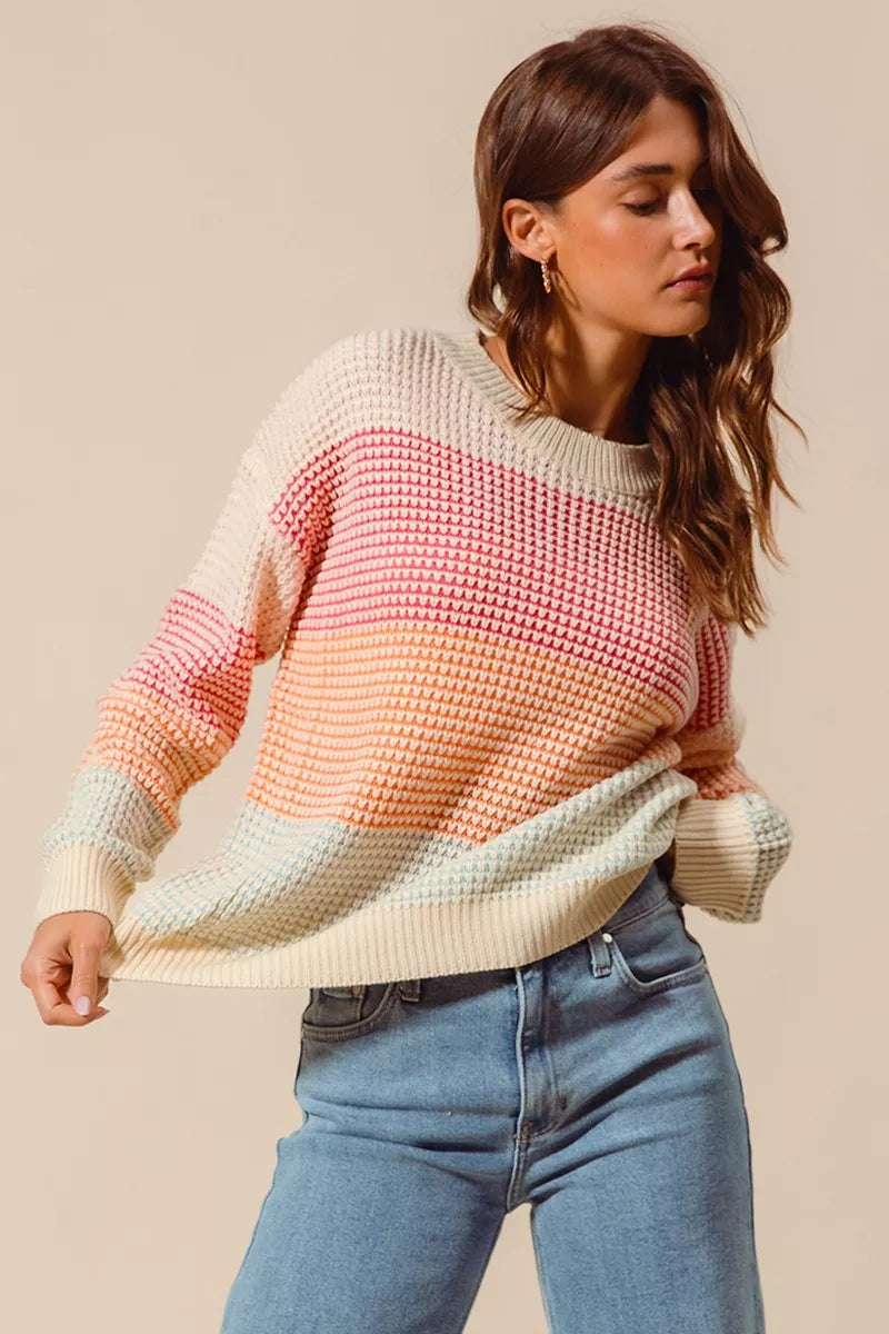 Color Block Waffle Knit Sweater - Women's Long Sleeve Top