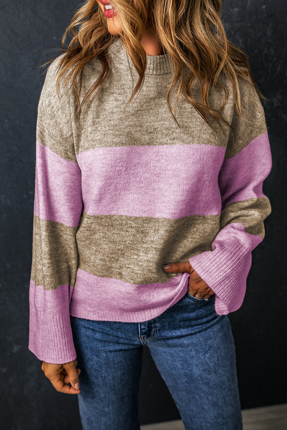 Color Block Round Neck Long Sleeve Sweater Trandify Deal