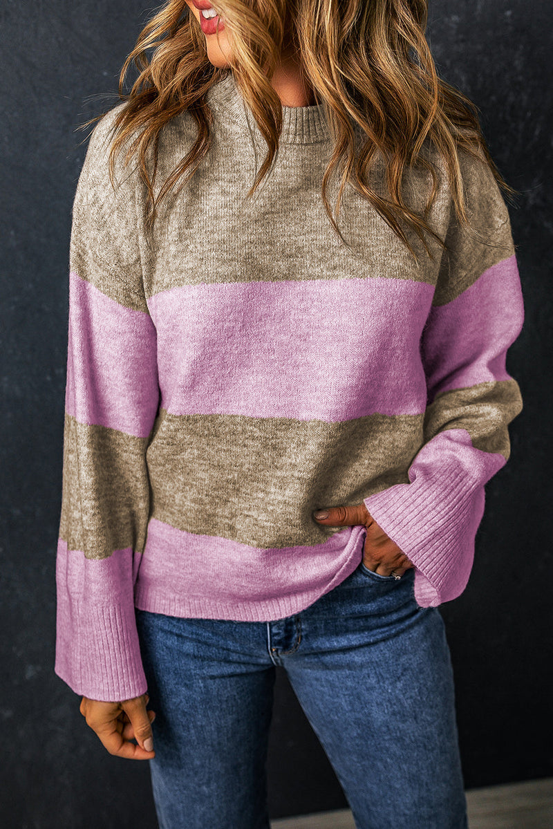Color Block Round Neck Long Sleeve Sweater Trandify Deal