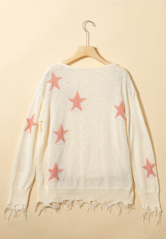 Contrast Star Raw Hem Long Sleeve Knit Top Trandify deal