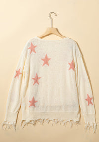 Contrast Star Raw Hem Long Sleeve Knit Top Trandify deal