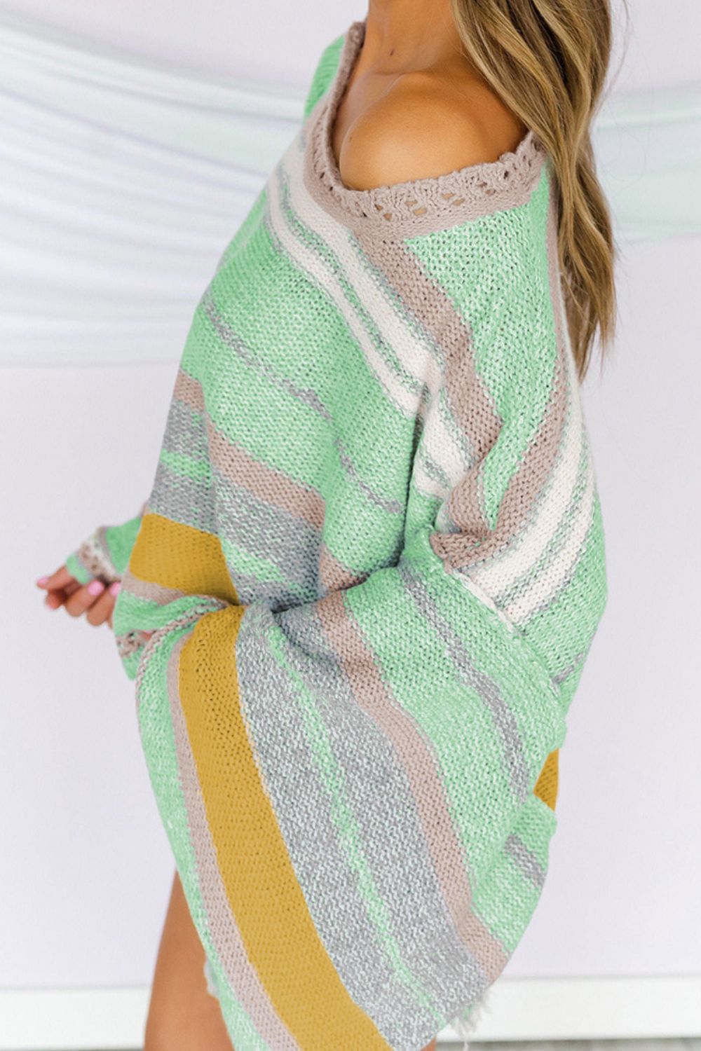 Contrast Striped Boat Neck Dropped Shoulder Sweater Trandify Deal