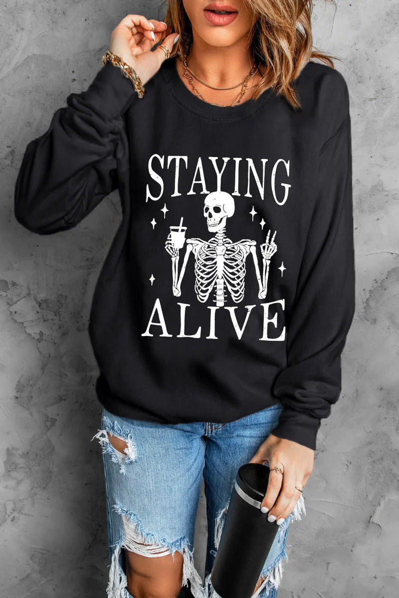 Skull Graphic Round Neck Long Sleeve Sweatshirt Trandify Deal