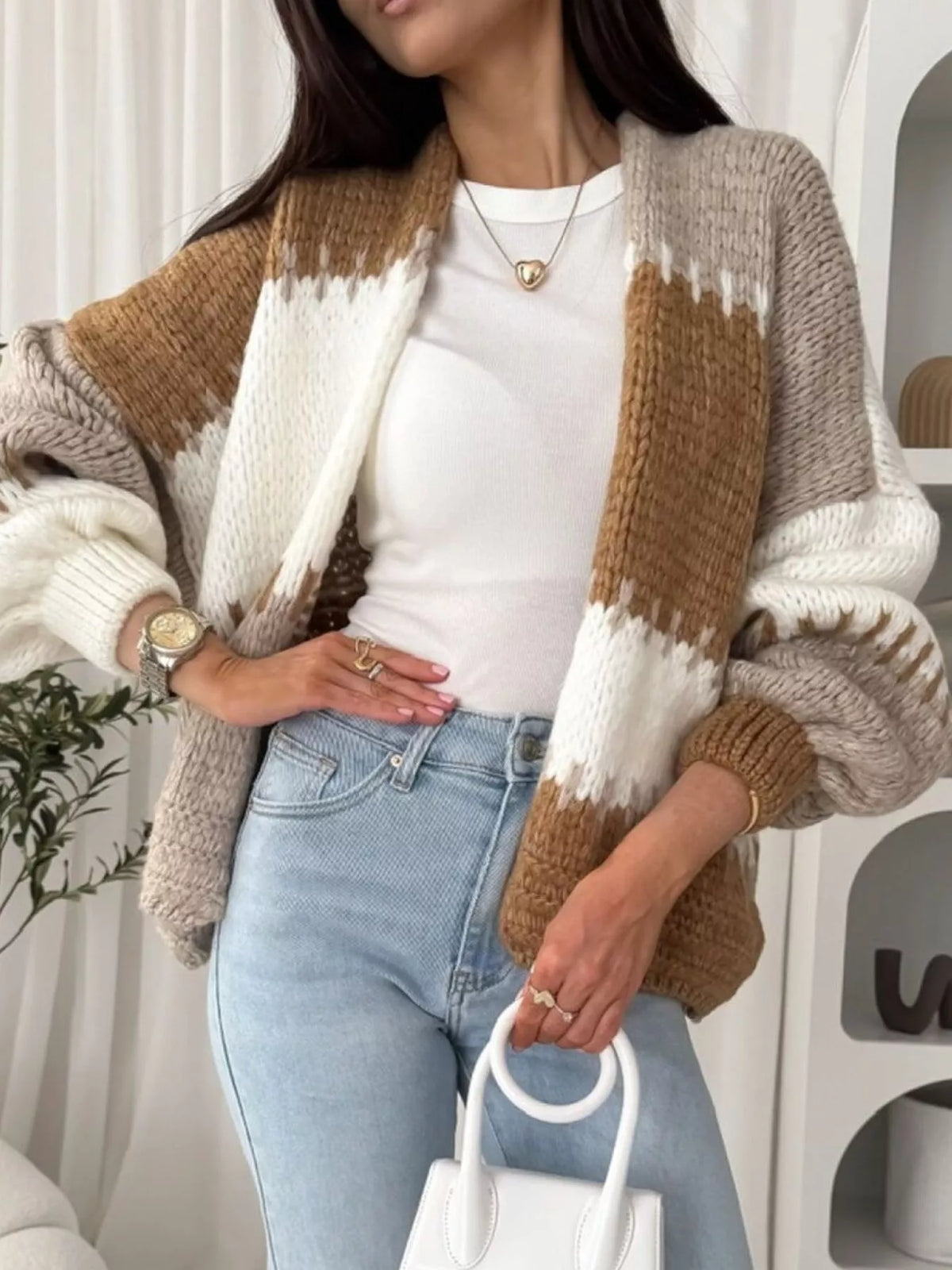 Color Block Open Front Cardigan - Basic Long Sleeve Polyester Top