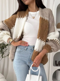 Color Block Open Front Cardigan - Basic Long Sleeve Polyester Top