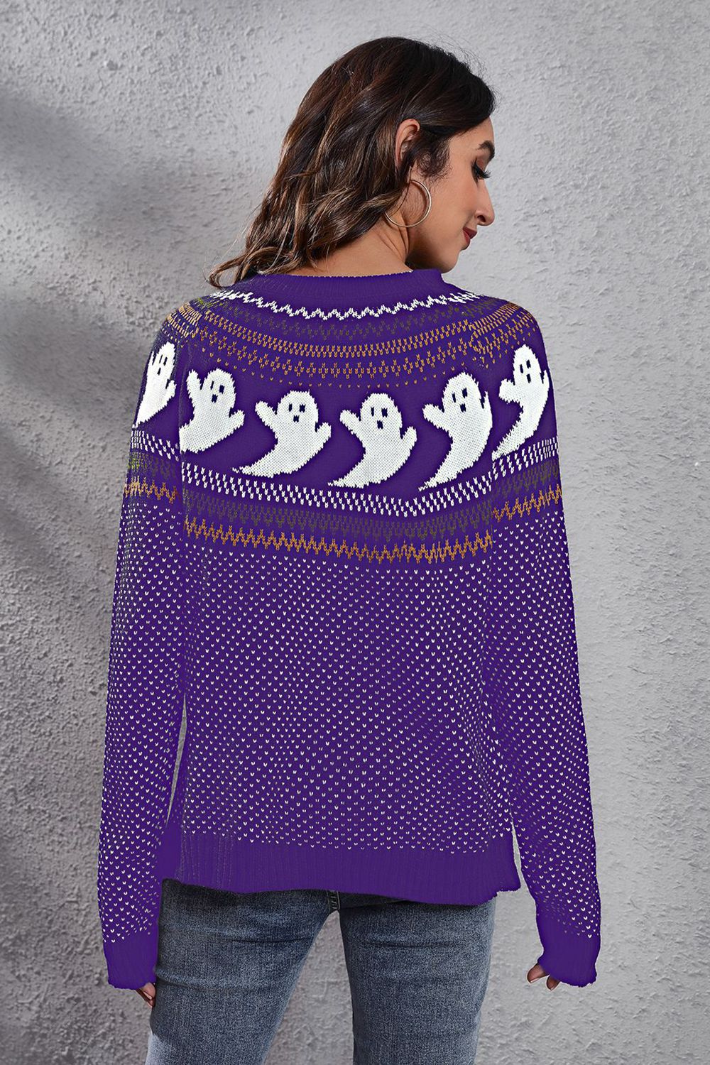 Ghost Pattern Round Neck Long Sleeve Sweater Trandify Deal