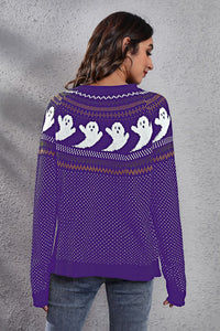 Ghost Pattern Round Neck Long Sleeve Sweater Trandify Deal