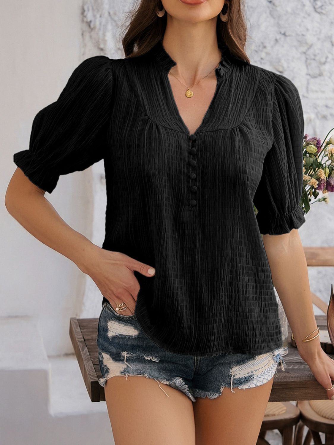 Women’s Devine Frill Notched Short Sleeve Blouse – Ruffled V-Neck Top for Casual & Office Wear