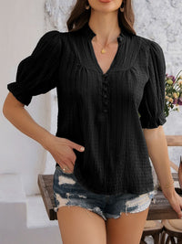 Women’s Devine Frill Notched Short Sleeve Blouse – Ruffled V-Neck Top for Casual & Office Wear