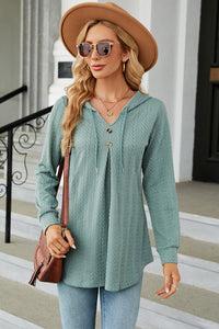 Decorative Button Drawstring Long Sleeve Hoodie Trendsi